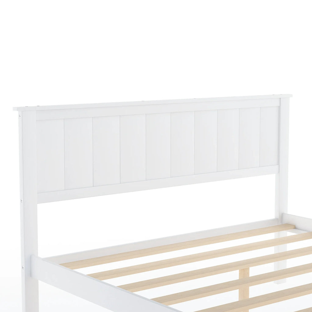 White eprolo full size platform bed with a slatted base and paneled headboard.