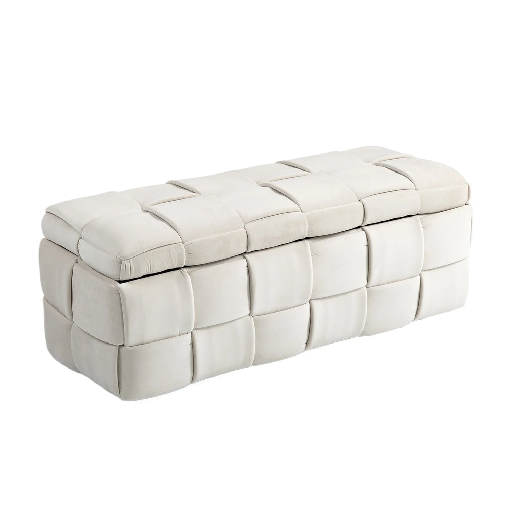 Beige eprolo cushioned fabric storage ottoman stool with tufted design
