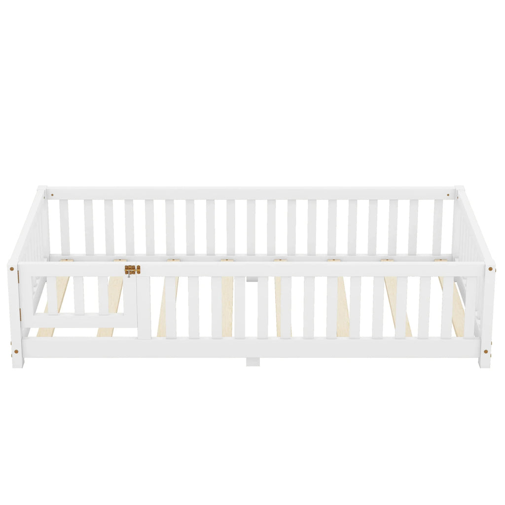 White twin size floor bed with safety guardrails and a side door by eprolo