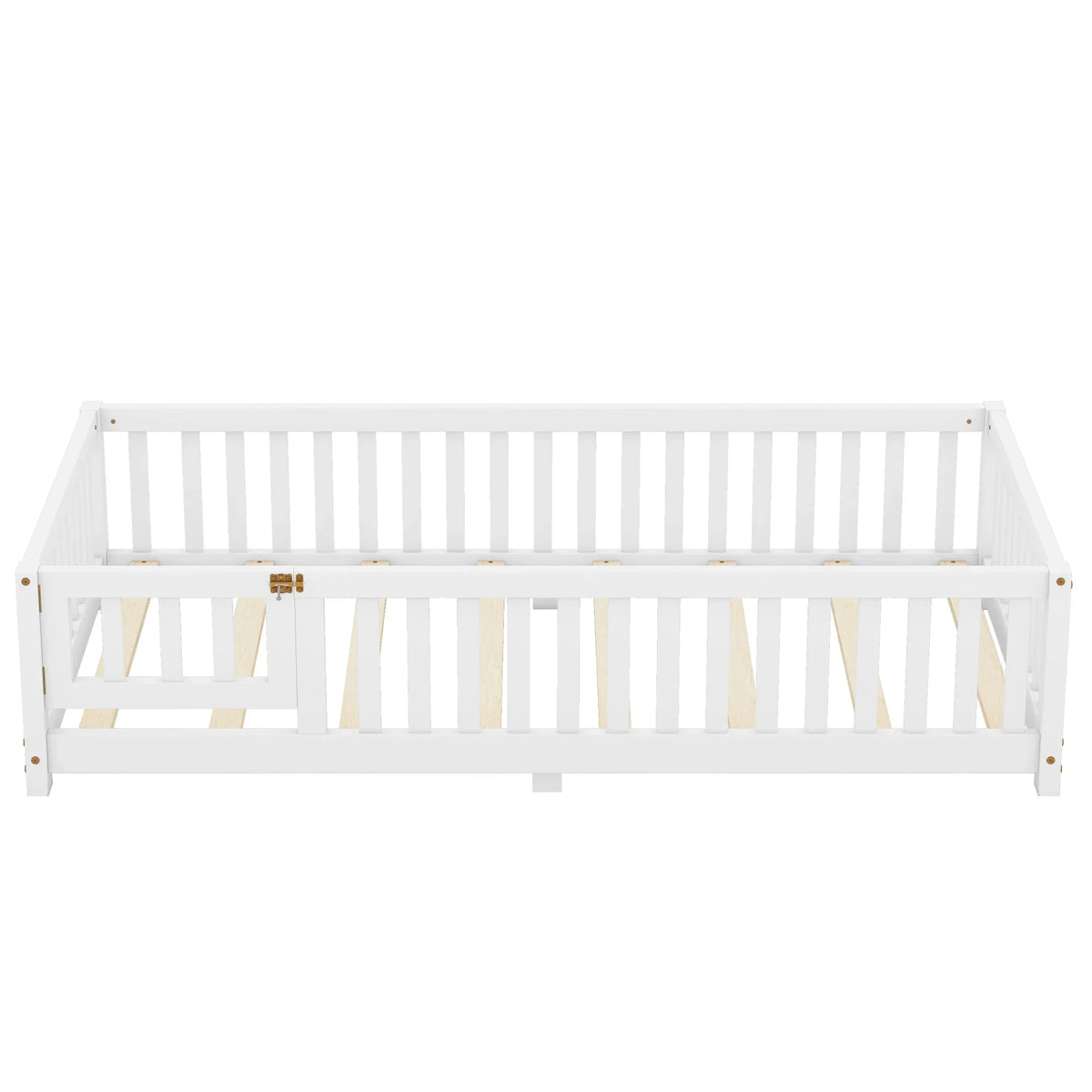 White twin size floor bed with safety guardrails and a side door by eprolo