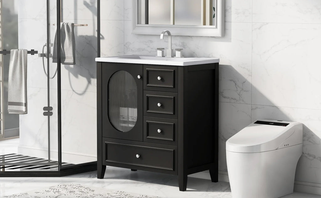 eprolo 30-inch black bathroom vanity with white sink and three drawers in a modern bathroom