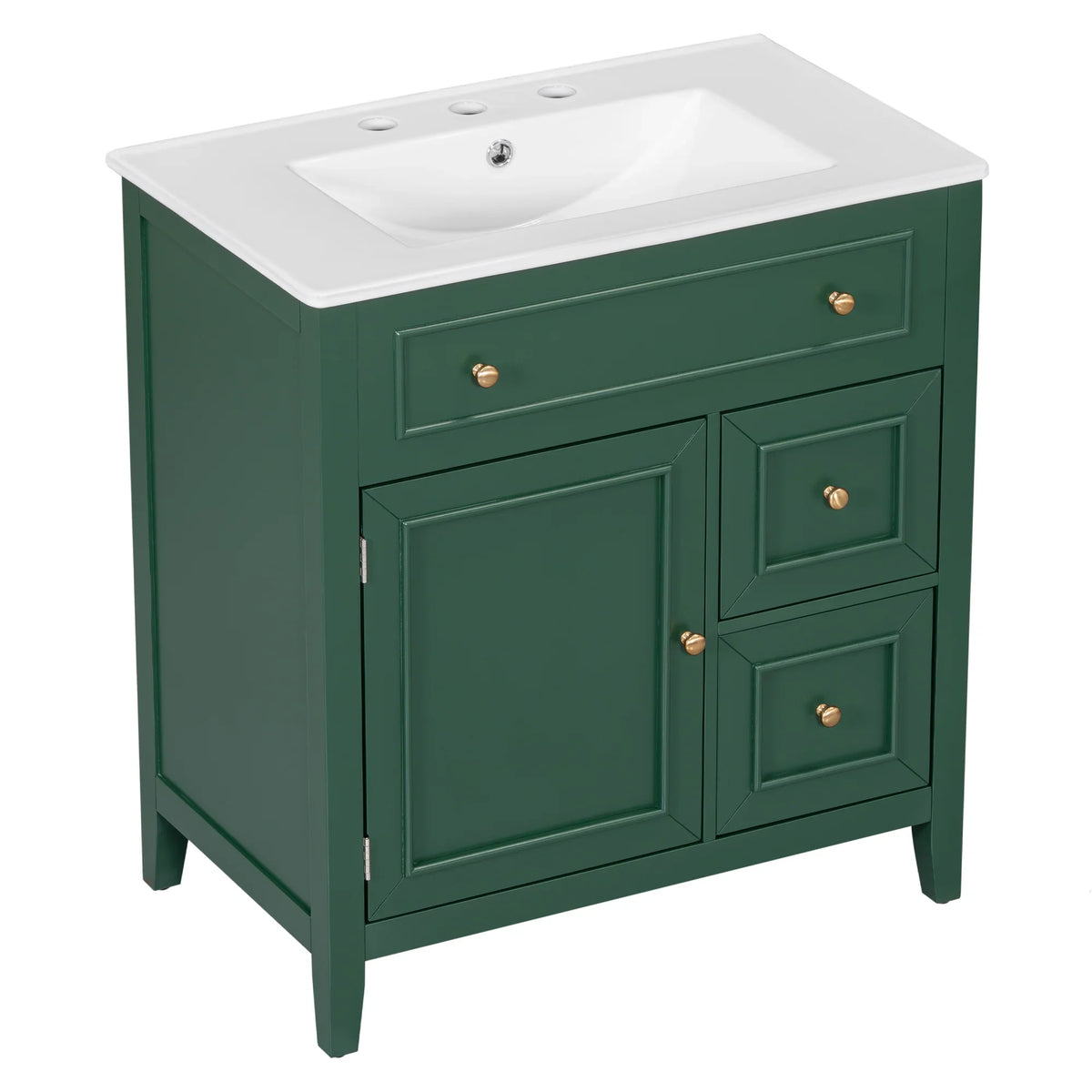 eprolo 30 inch green bathroom vanity with white sink top, one door, and two drawers