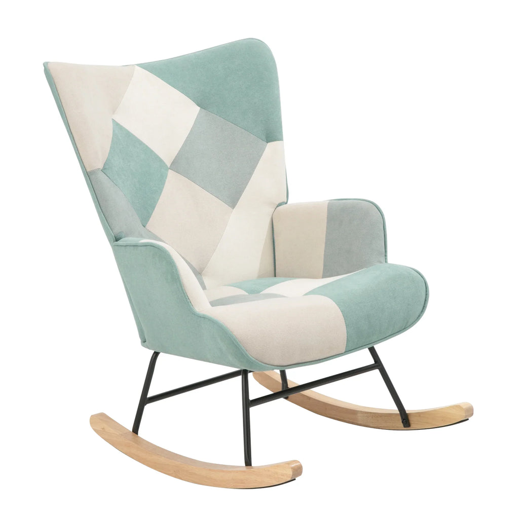 Mid-Century eprolo fabric rocking chair with mint and cream patchwork pattern and wood legs