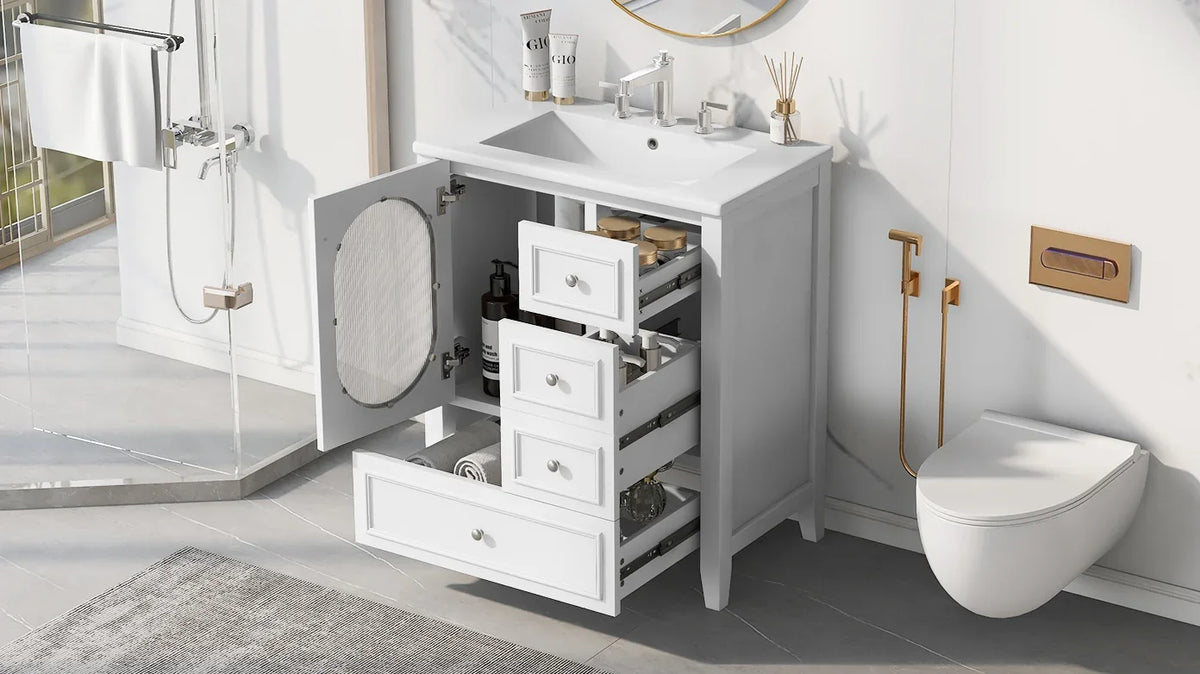 eprolo 30 inch white bathroom vanity with sink, three drawers, and open storage cabinet
