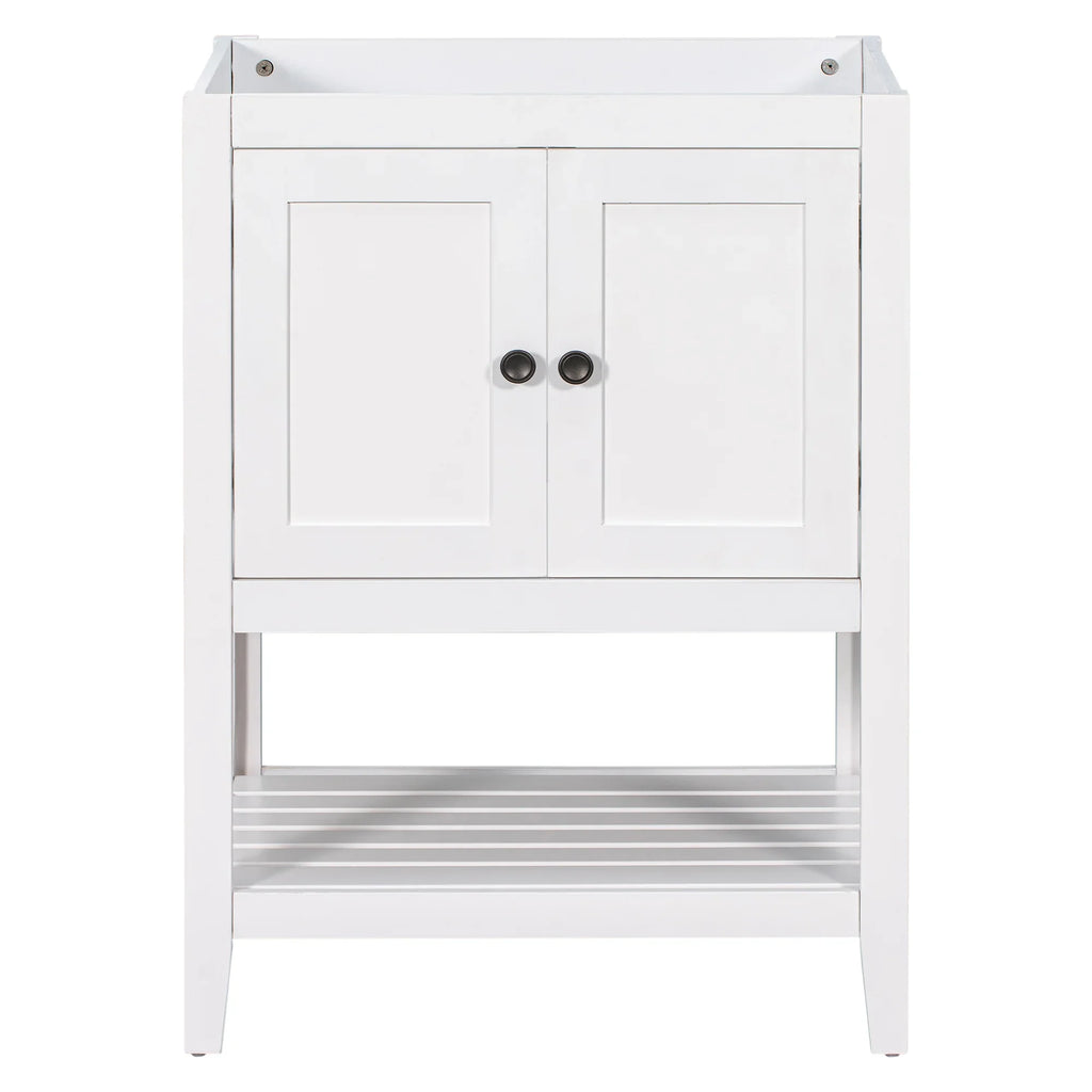 White 24 inch eprolo bathroom vanity base with solid wood frame, double doors, and open shelf.