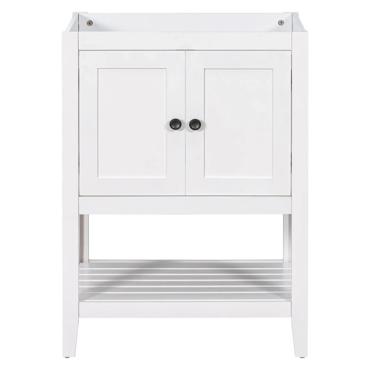 White 24 inch eprolo bathroom vanity base with solid wood frame, double doors, and open shelf.