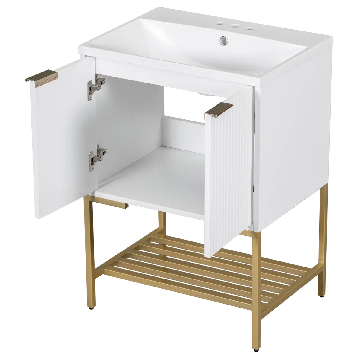 eprolo 24 inch white bathroom vanity with sink, gold metal frame, and open storage shelf