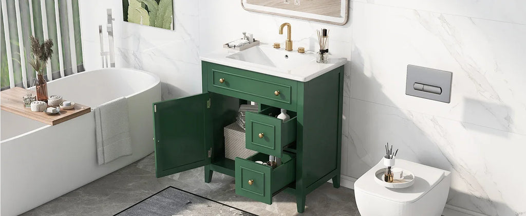 Green eprolo bathroom vanity with white sink top, two drawers, and cabinet doors.