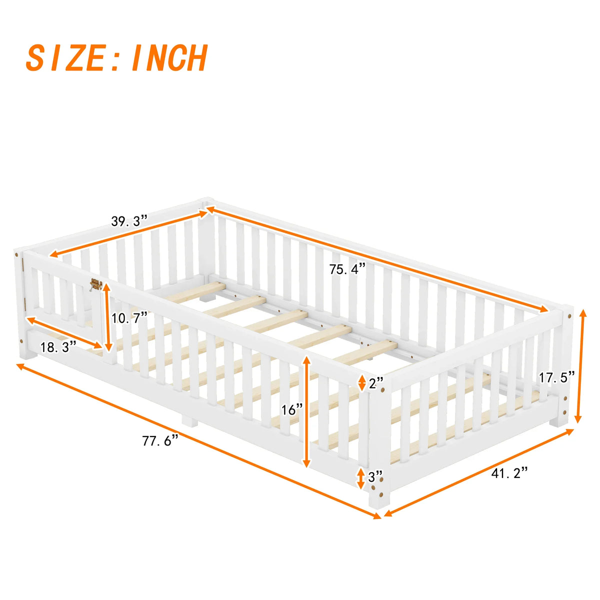 White eprolo twin size floor bed for kids with safety guardrails and dimensions