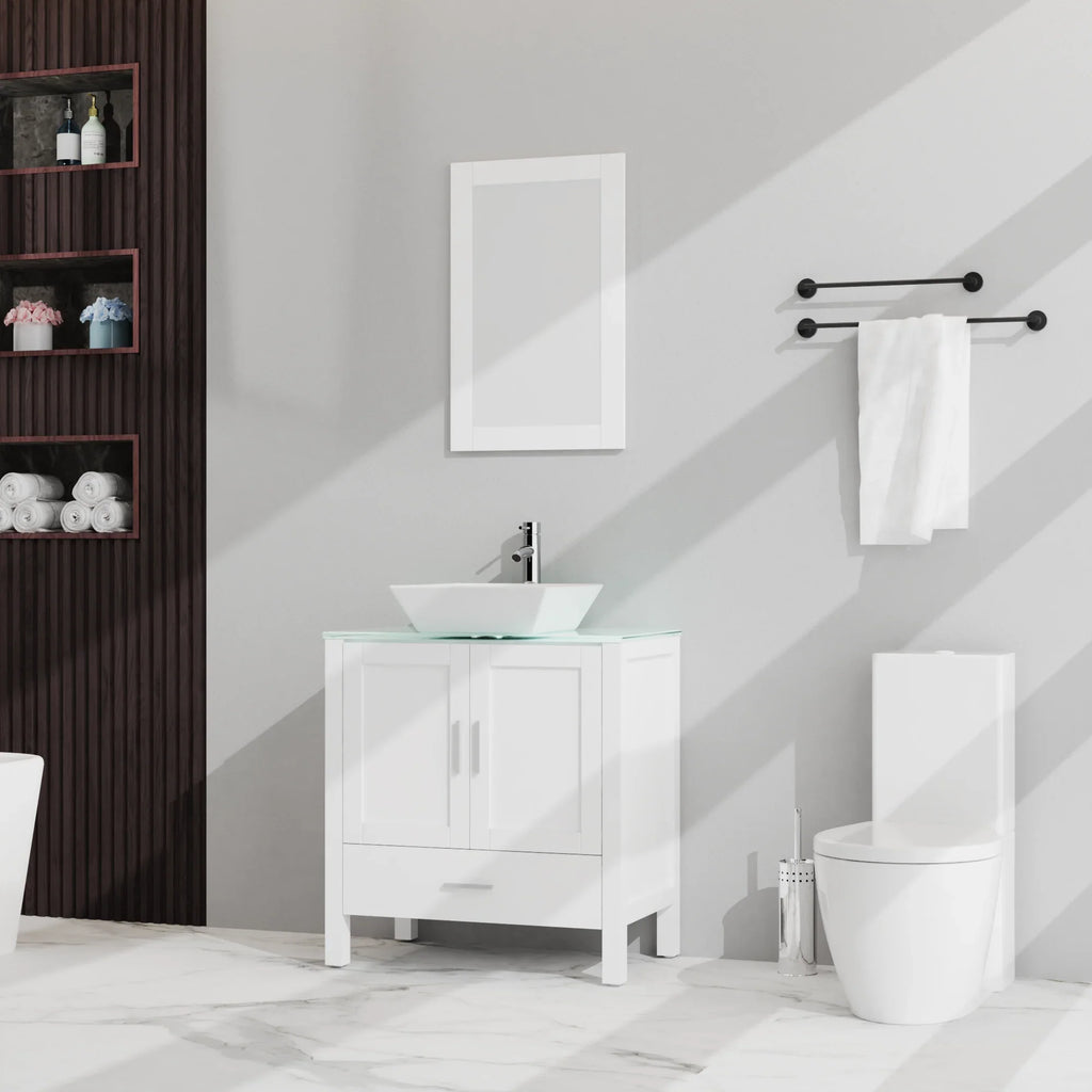 White eprolo 30 inch bathroom vanity and sink combo with a glass top cabinet and mirror