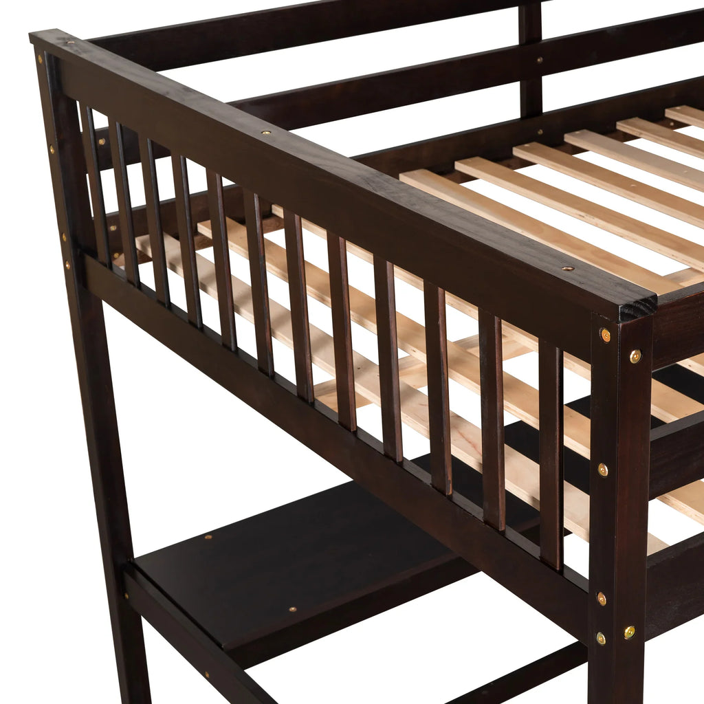 Close-up of the espresso finish eprolo full size loft bed frame with wooden slats.