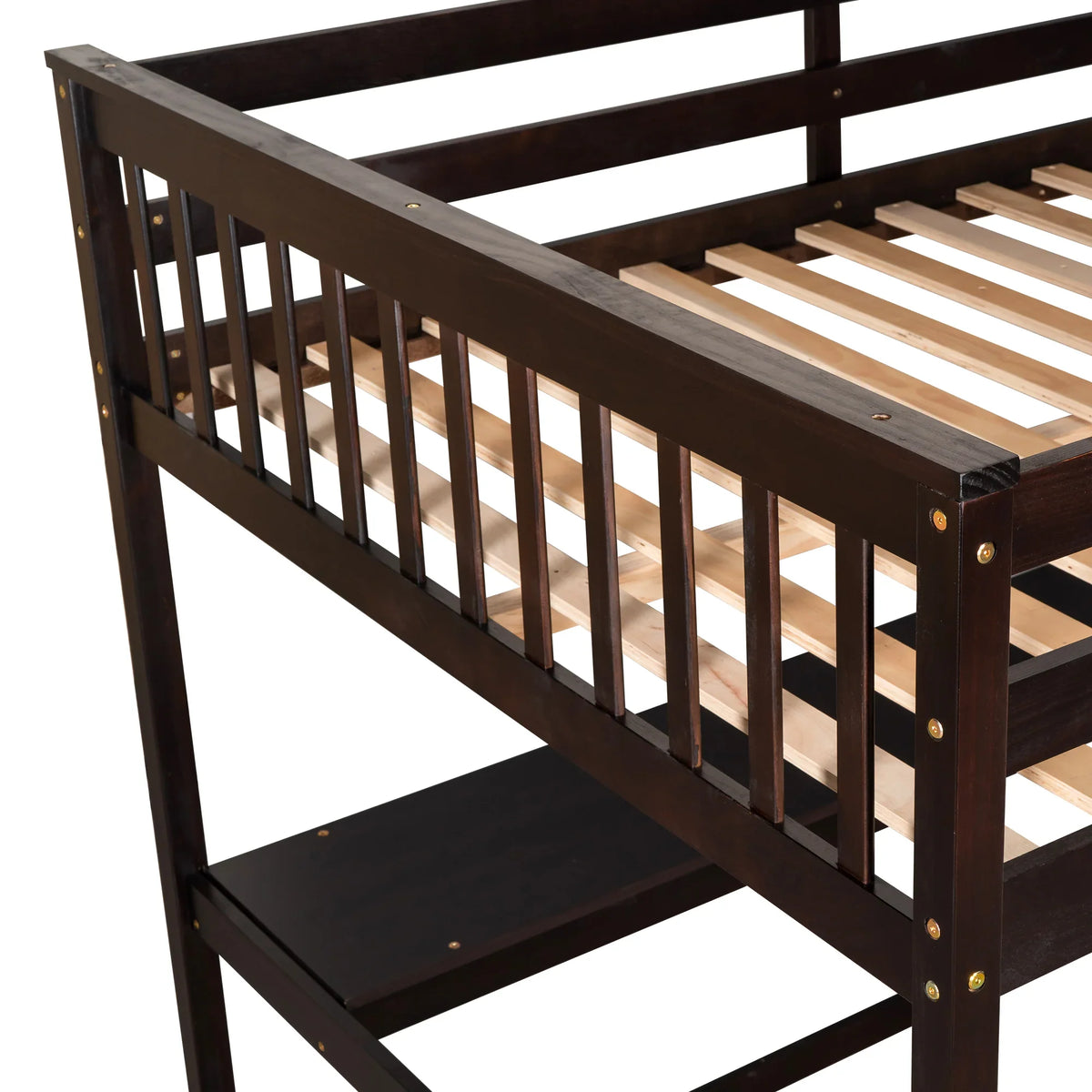 Close-up of the espresso finish eprolo full size loft bed frame with wooden slats.