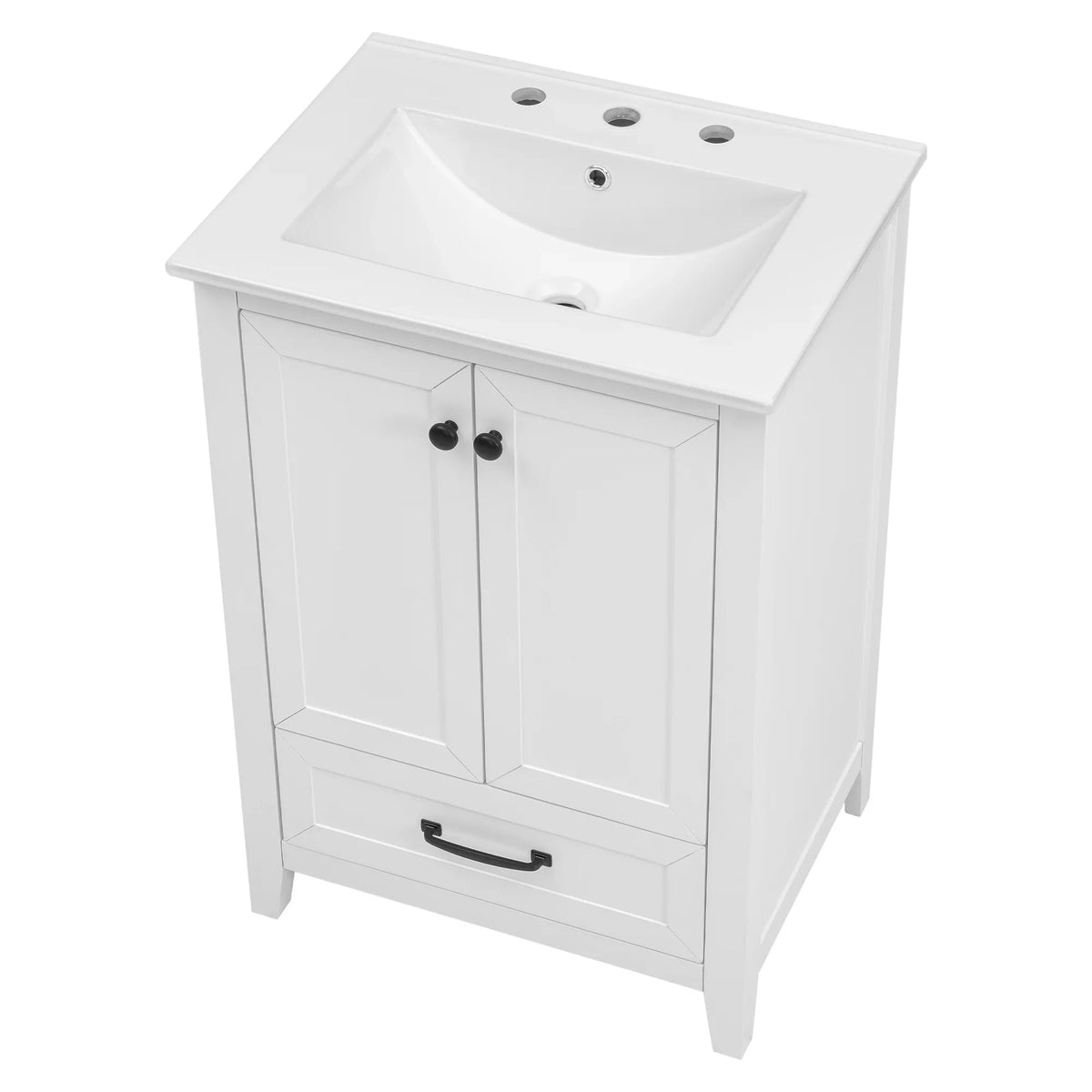 White 24 inch eprolo bathroom vanity cabinet with sink, one drawer, and double doors