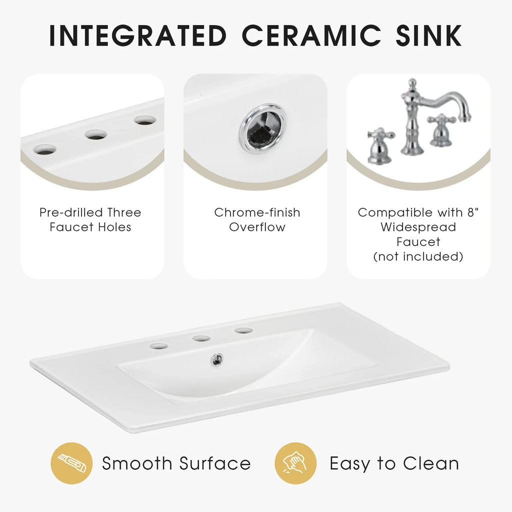 Integrated white ceramic bathroom sink with three faucet holes and chrome overflow.