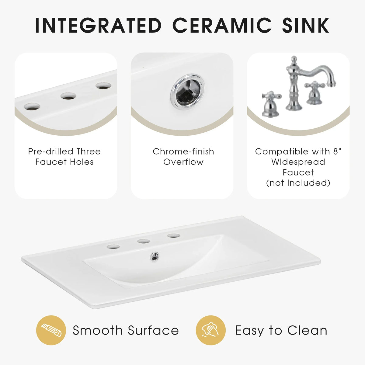 Integrated white ceramic bathroom sink with three faucet holes and chrome overflow.