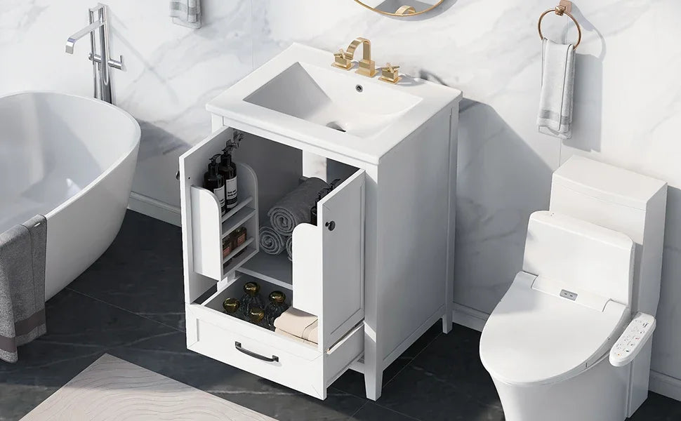 White 24 inch eprolo bathroom vanity cabinet with sink and gold faucet