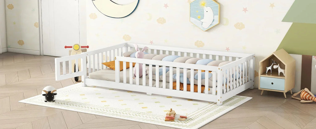 White eprolo twin size floor bed with safety guardrails and door in a kids bedroom.