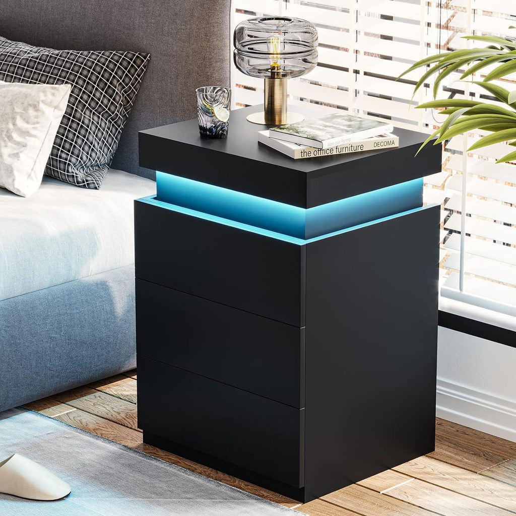 Modern black LED nightstand with multi-colour ambient lighting and three drawers by eprolo