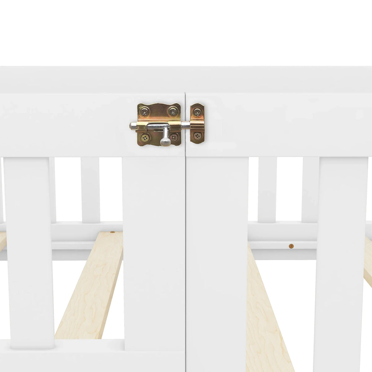 Metal latch mechanism on a white eprolo twin size bed safety guardrail.