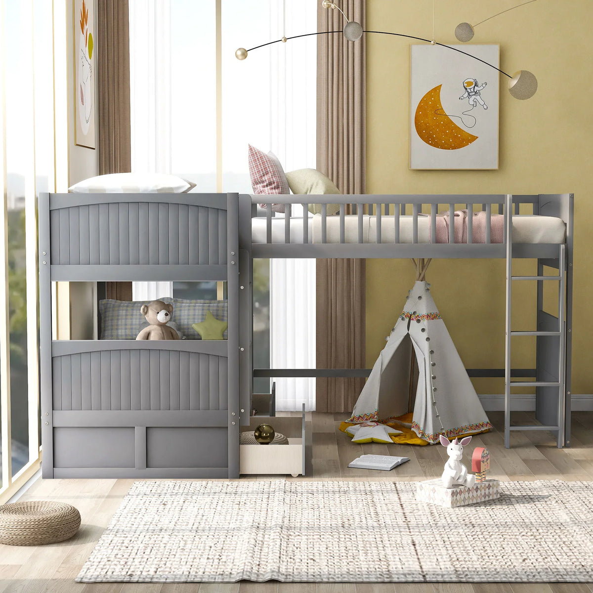 Gray eprolo twin size bunk bed with loft and two drawers in a child's bedroom.