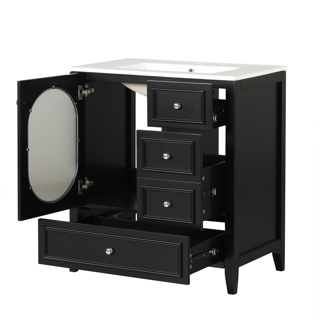 eprolo 30-inch black bathroom vanity with open drawers and cabinet door