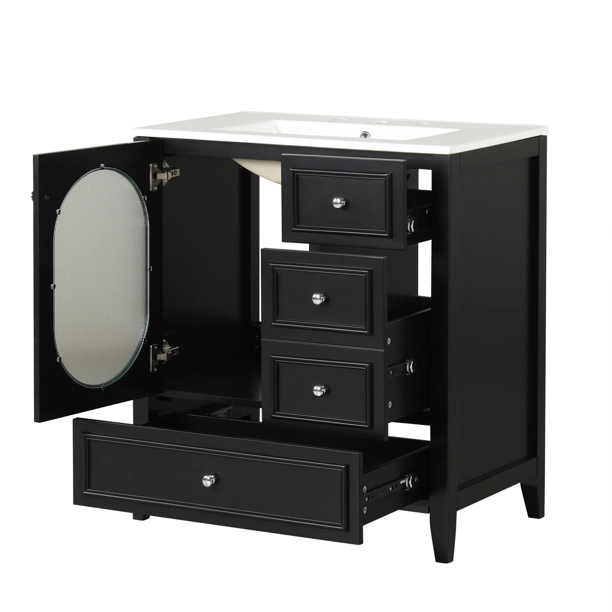 eprolo 30-inch black bathroom vanity with open drawers and cabinet door