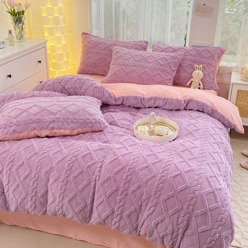 Winter Flannel 4-Piece Bedding Set, Thick Warm Milk Velvet Coral Fleece Duvet Cover, Student Dormitory