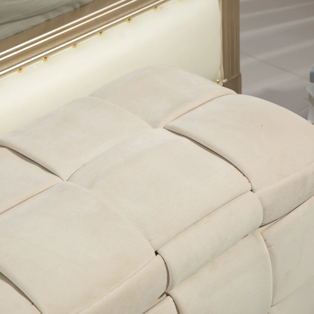Beige cushioned fabric storage ottoman chair with tufted design by eprolo