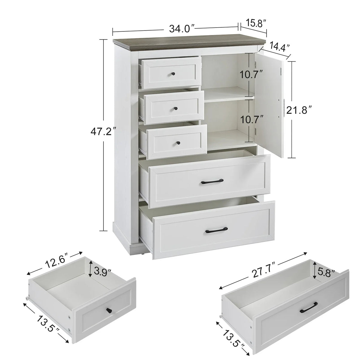White wooden farmhouse 5 drawer bedroom dressing table and cabinet by eprolo with dimensions.