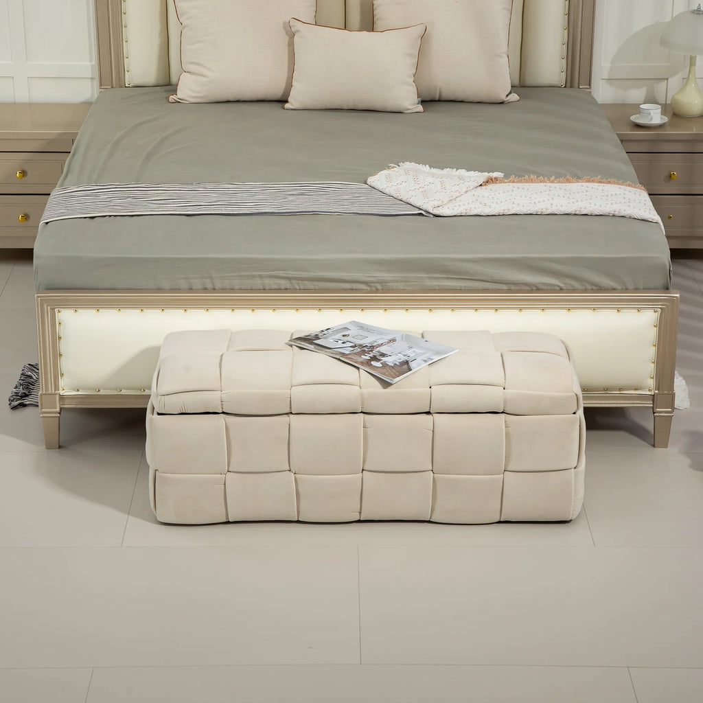 Beige eprolo cushioned fabric storage ottoman stool at the foot of a bed.