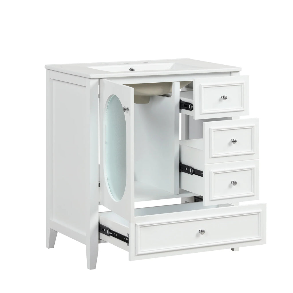 eprolo 30 inch white bathroom vanity cabinet with sink and open drawers