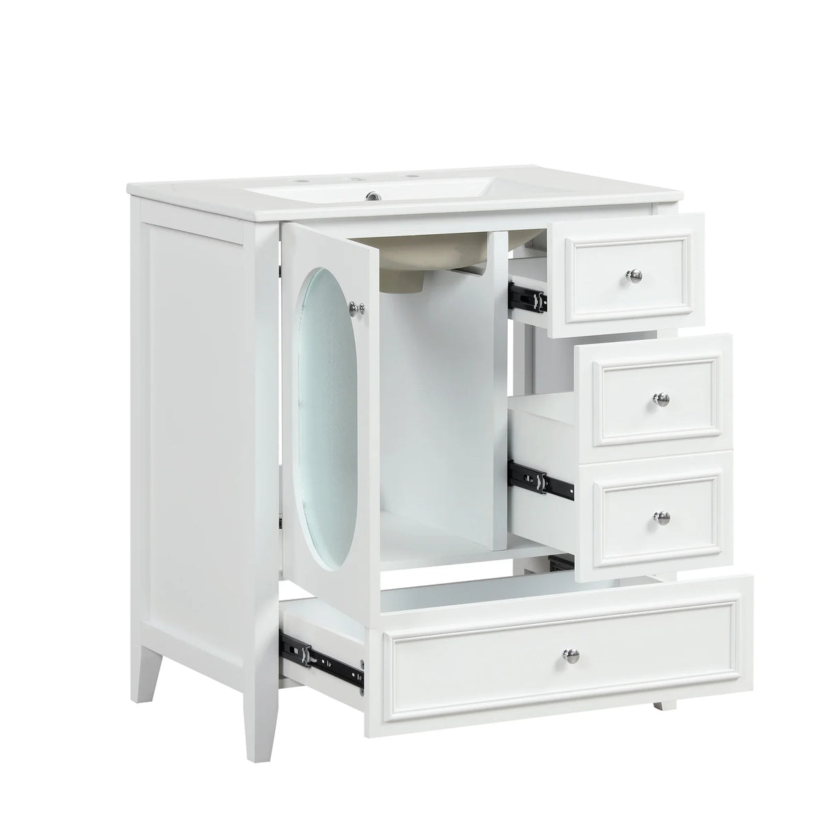 eprolo 30 inch white bathroom vanity cabinet with sink and open drawers