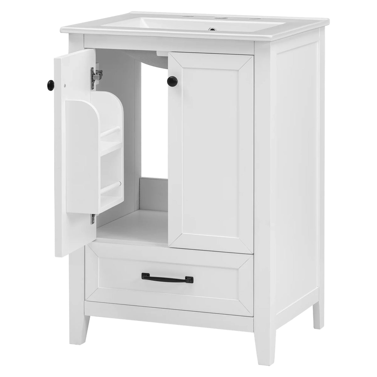 eprolo 24-inch white bathroom vanity cabinet with sink, open doors, and one drawer