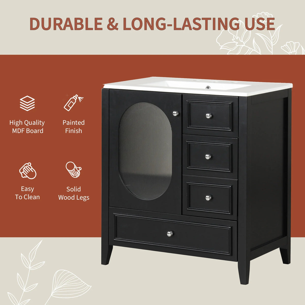 eprolo 30-inch black bathroom vanity with sink, three drawers, and solid wood legs.