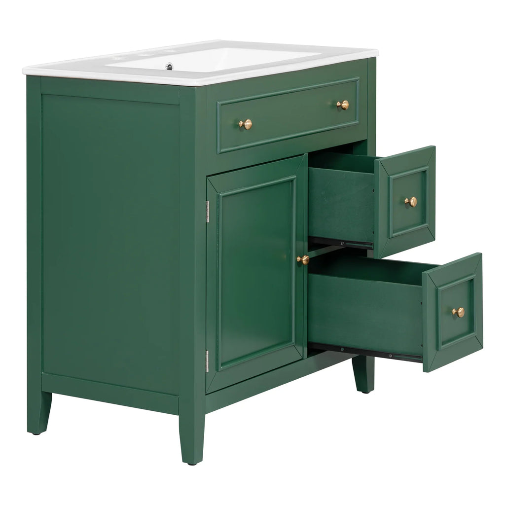eprolo 30 inch green bathroom vanity with white sink top, cabinet door, and two open drawers