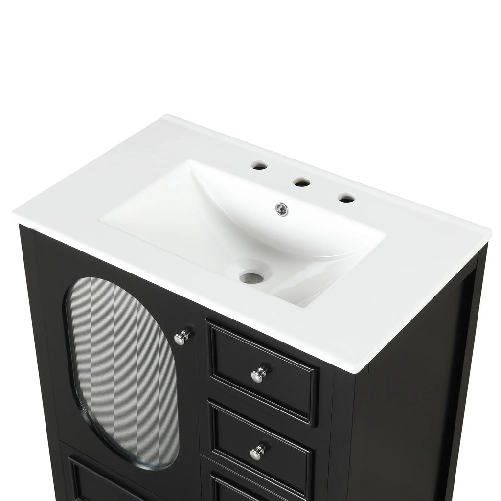 Black 30 inch eprolo bathroom vanity cabinet with white sink and three storage drawers