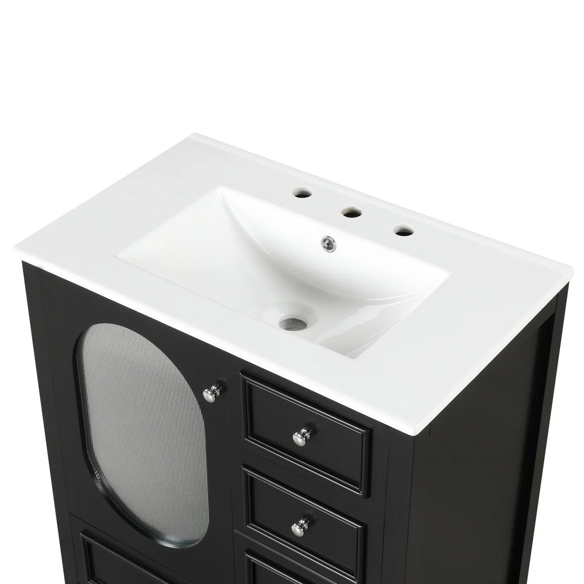 Black 30 inch eprolo bathroom vanity cabinet with white sink and three storage drawers
