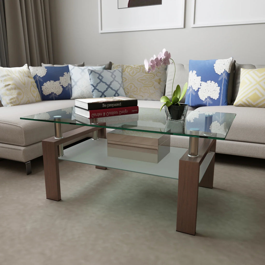 Modern rectangle walnut glass coffee table with clear glass top in a living room setting.