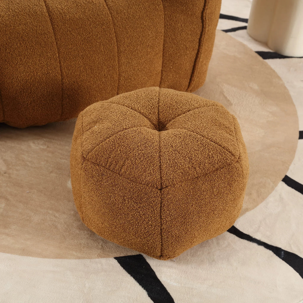 Brown eprolo soft square bean bag chair and matching footstool on a patterned rug.