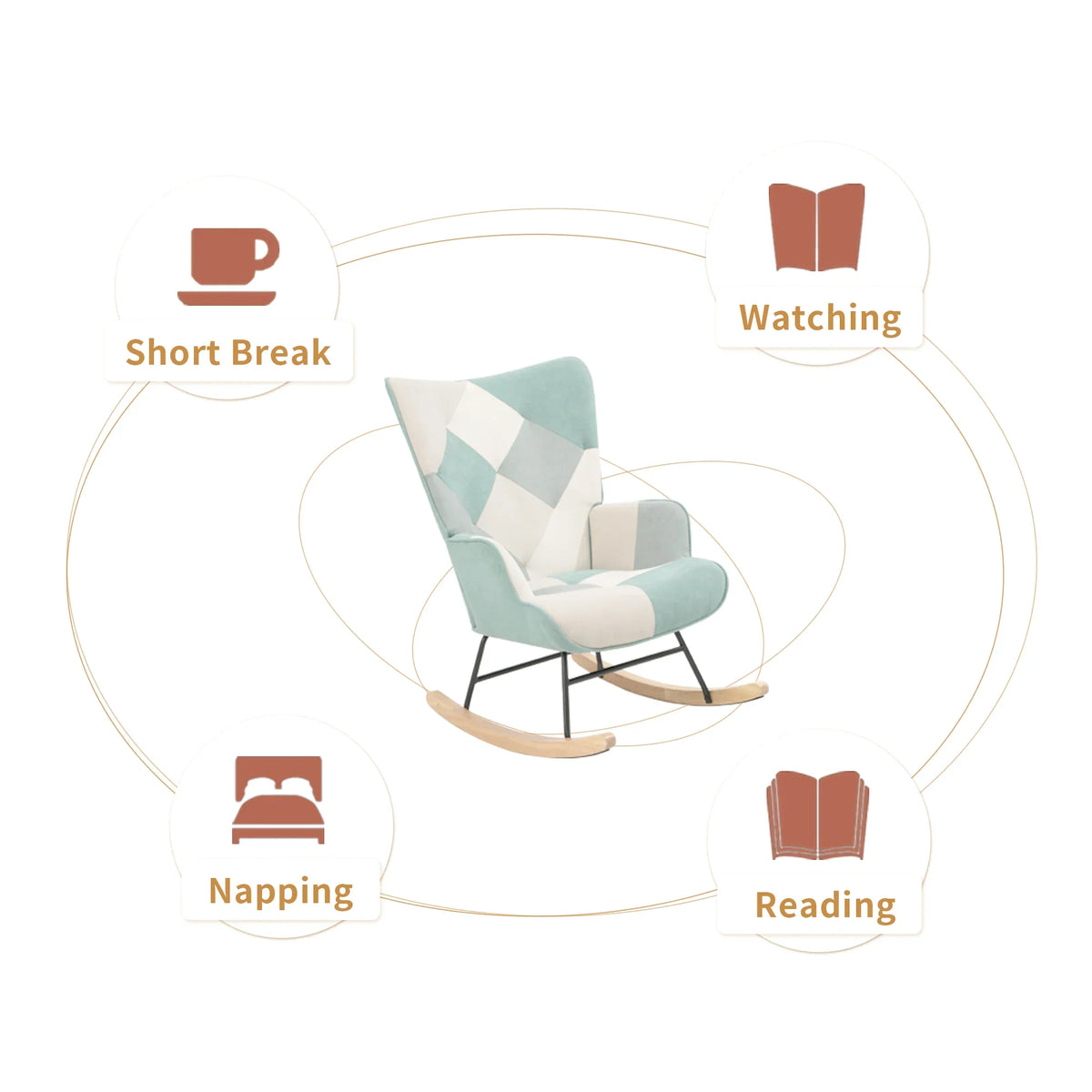 Mid-century fabric rocking chair with wood legs and ottoman for reading or napping.