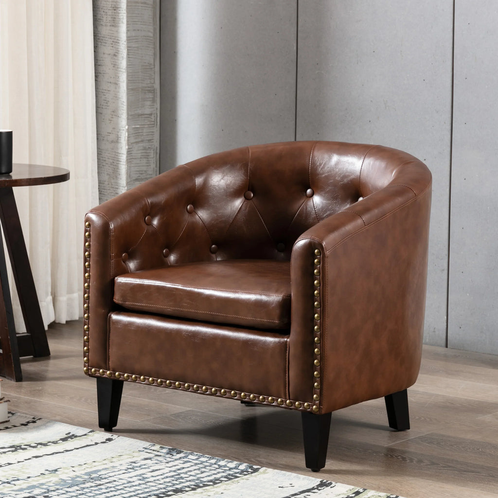 Brown PU leather tufted barrel chair with gold nailhead trim by eprolo