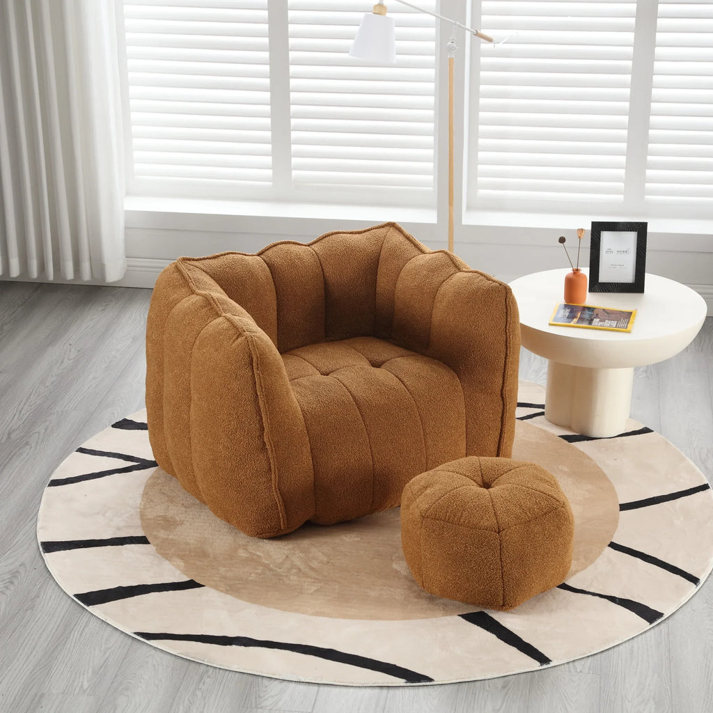 eprolo brown soft square bean bag chair with matching footstool on a round rug