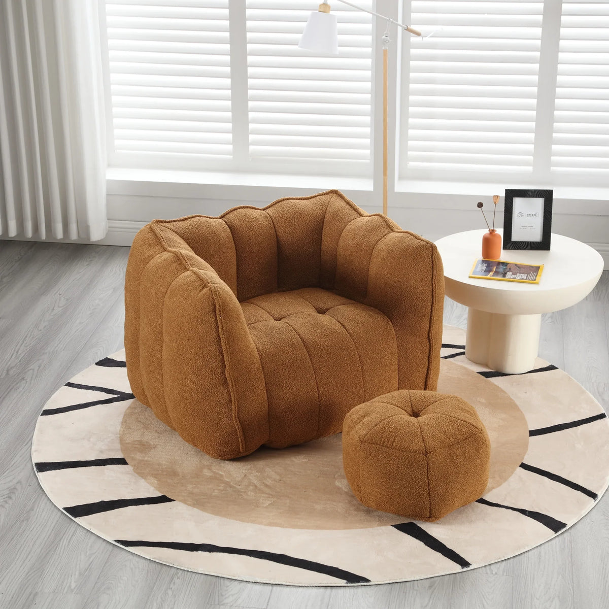 eprolo brown soft square bean bag chair with matching footstool on a round rug