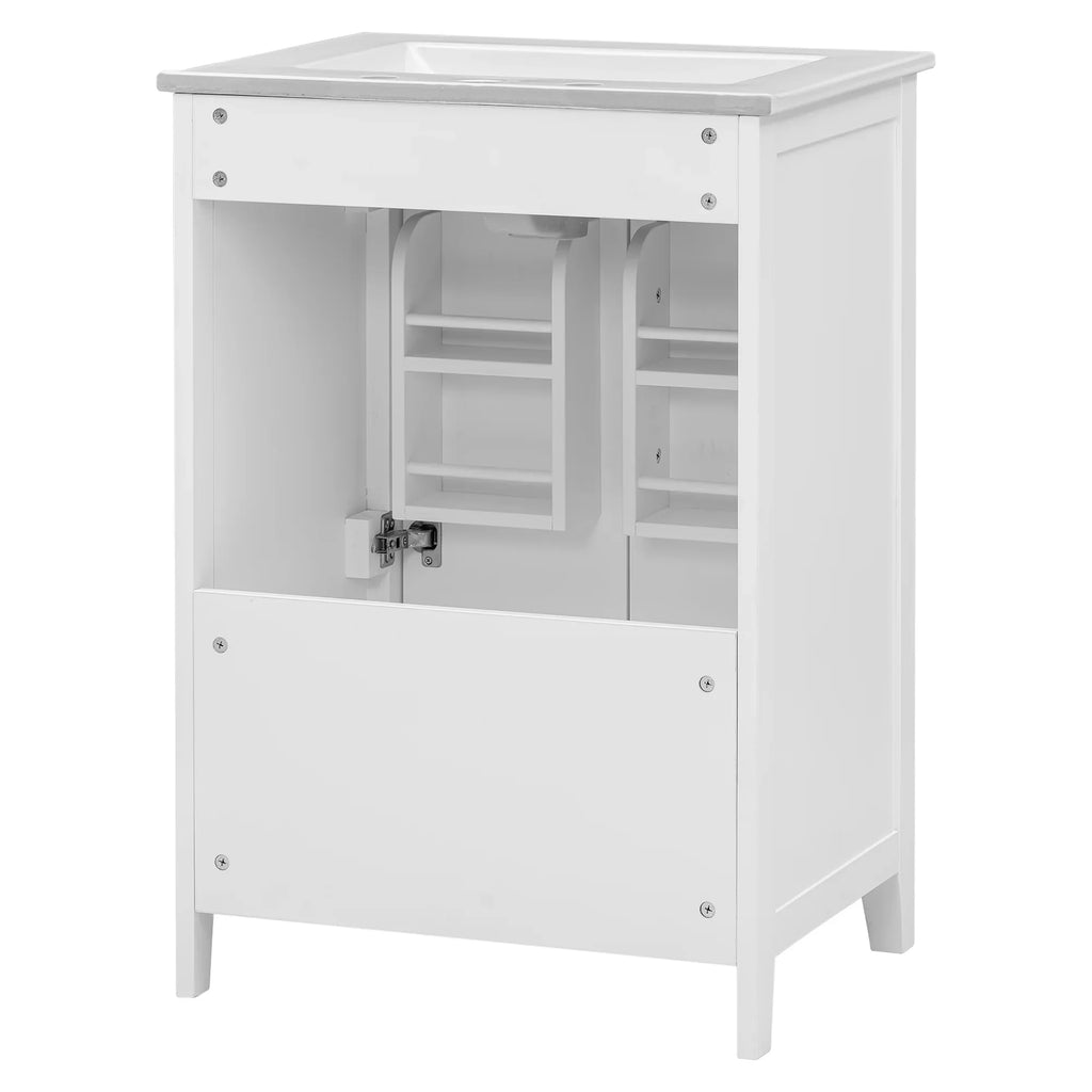 White 24 inch eprolo bathroom vanity cabinet with sink, one drawer, and storage doors.