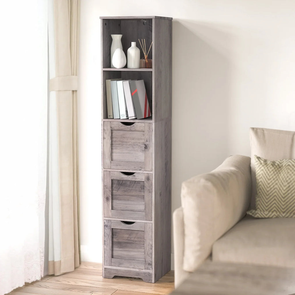 Tall narrow grey bathroom floor cabinet with 3 drawers and open storage shelves by eprolo
