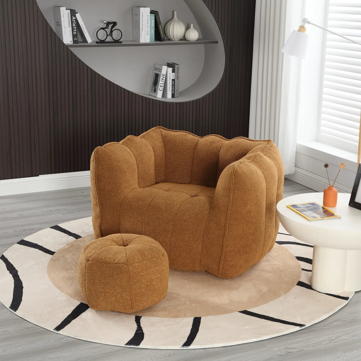 Eprolo soft square brown bean bag chair with matching footstool on a round rug.