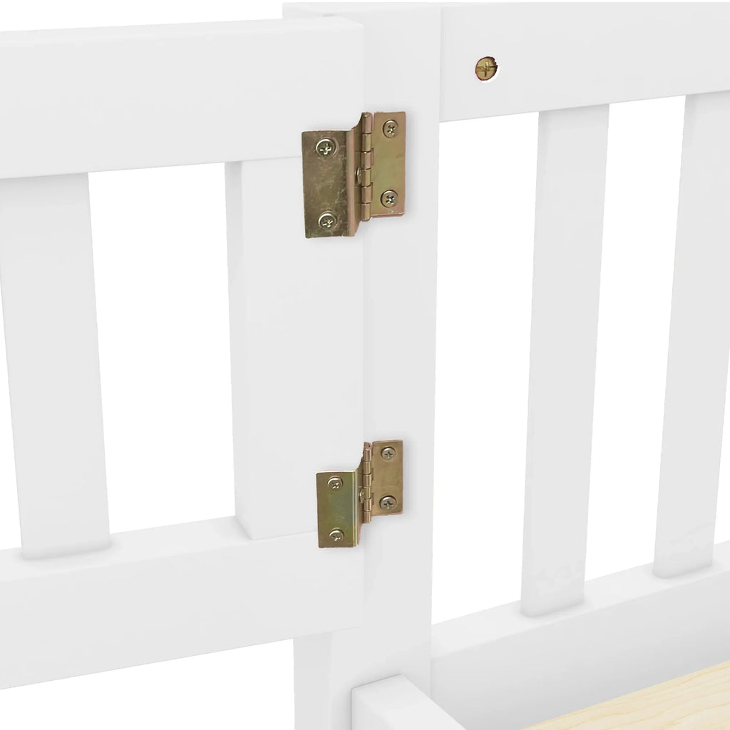 Brass hinges on the white safety guardrail door of an eprolo twin size floor bed.