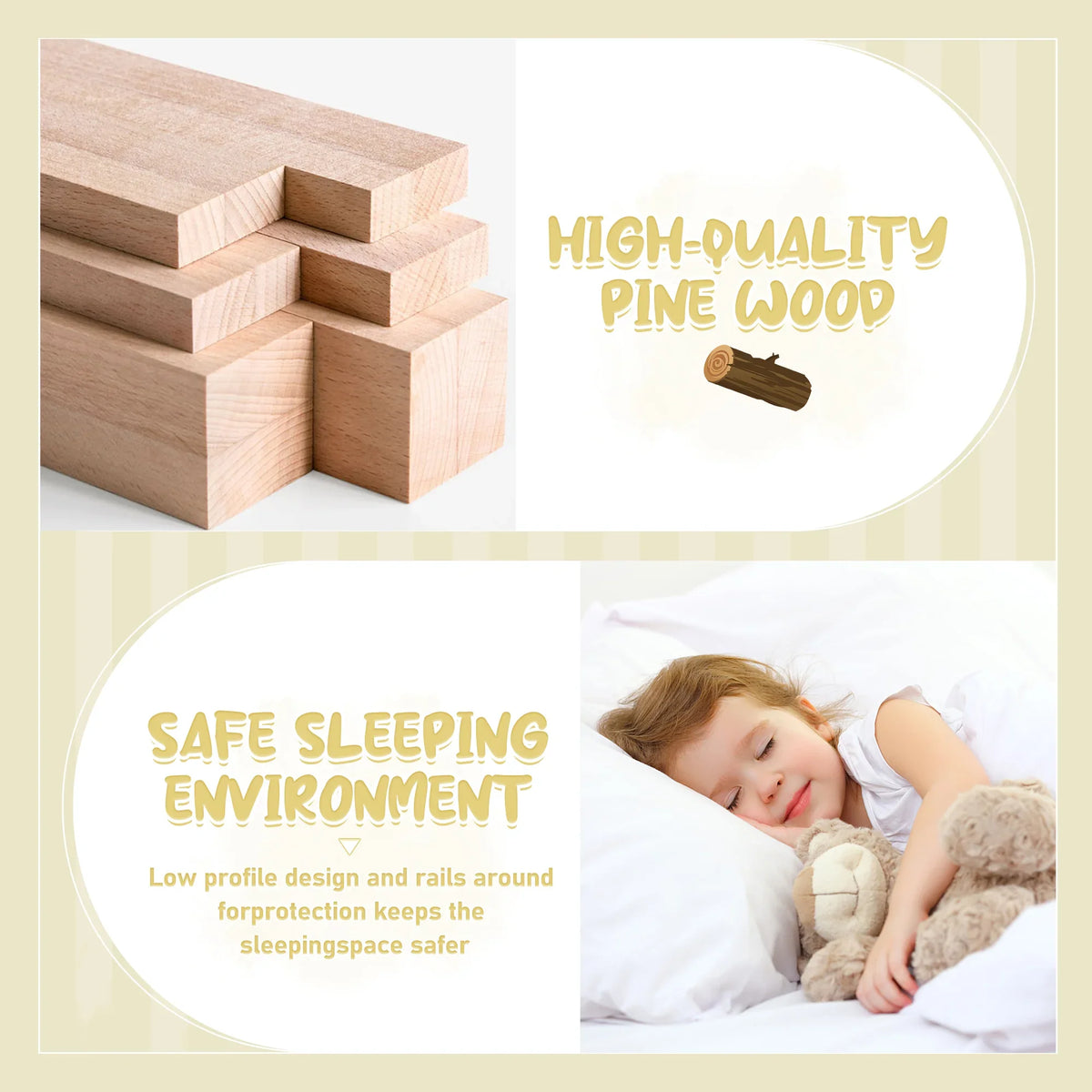 High-quality pine wood blocks and a child sleeping peacefully in a safe environment.