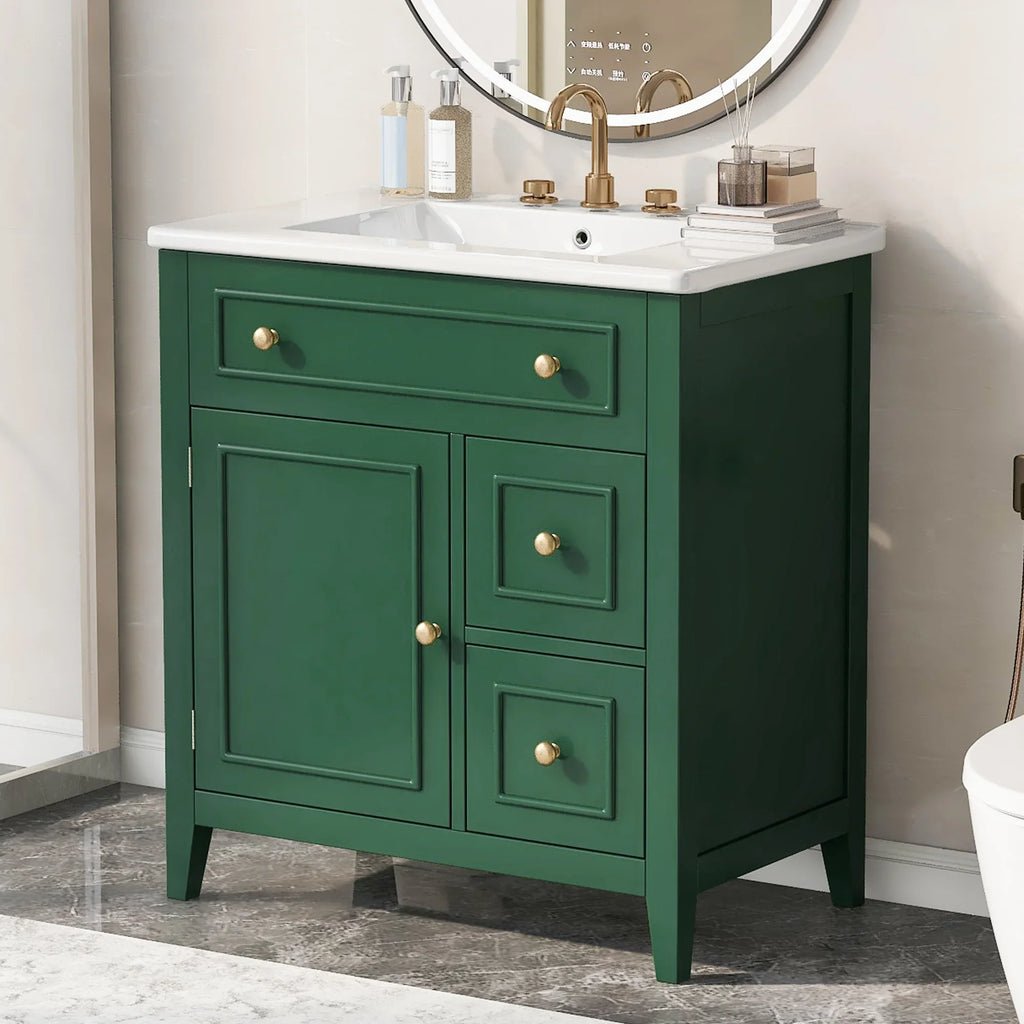 eprolo 30 inch green bathroom vanity with white sink top, solid wood frame, and gold hardware