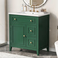 eprolo 30 inch green bathroom vanity with white sink top, solid wood frame, and gold hardware